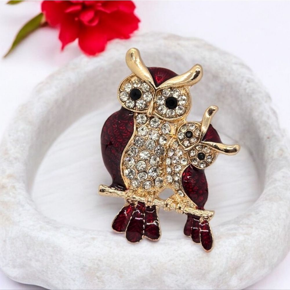 Owl Brooch Gold Rhinestone Mom Baby Pin Red Enamel Bird Lapel Teacher Gift